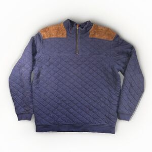 Vineyard Vines Mens L Shep Shirt Quilted 1/4 Zip Sweater Suede Shoulders Blue